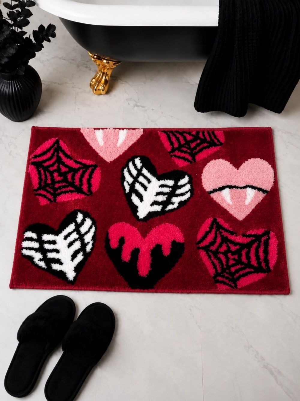 Betsey Johnson Bath Rug 20x32 Hearts Spiderweb Gothic Halloween Red Pink NWT